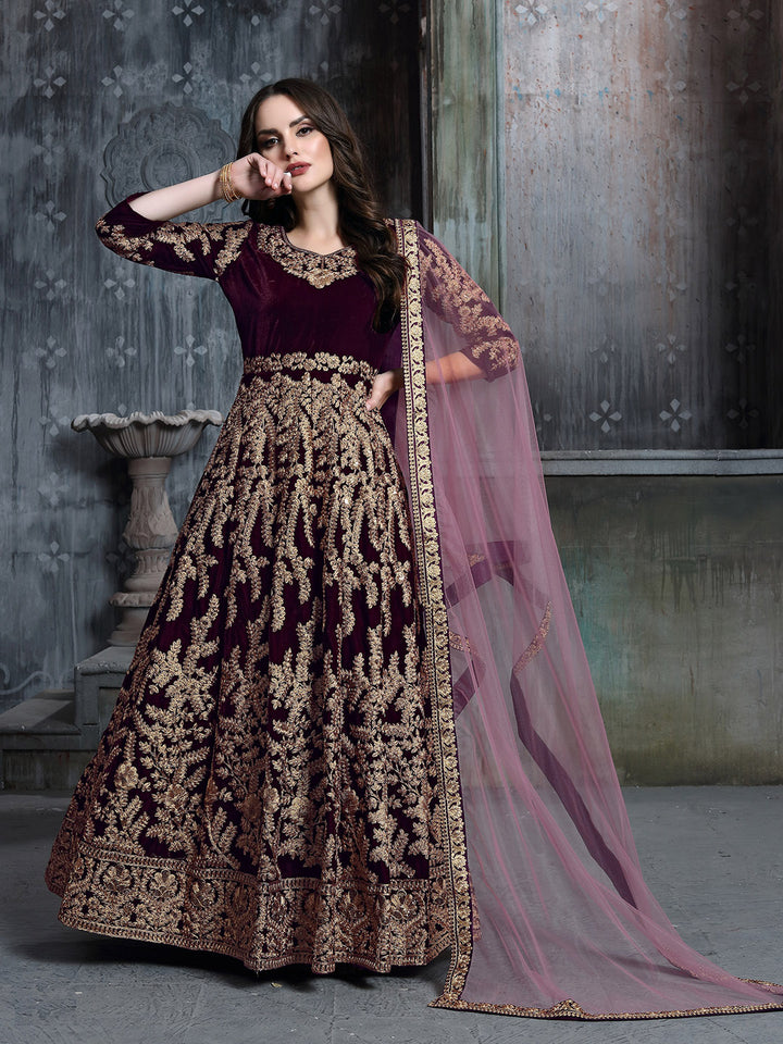 Wine Embroidered Velvet Semi Stitched Kurta With Chudidar Salwar &amp; Dupatta