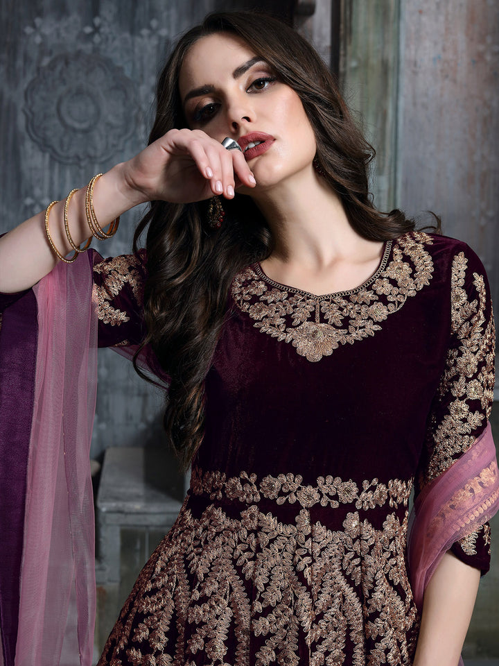 Wine Embroidered Velvet Semi Stitched Kurta With Chudidar Salwar &amp; Dupatta