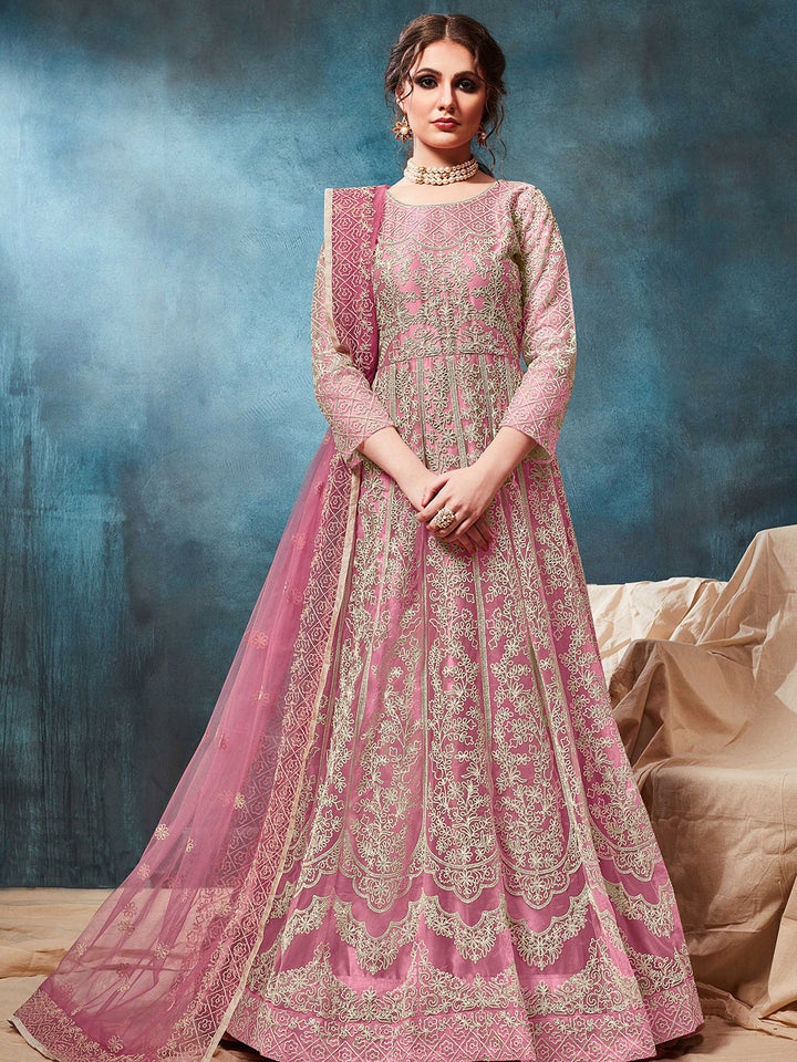 Pink Embroidered Net Semi Stitched Kurta With Chudidar Salwar &amp; Dupatta
