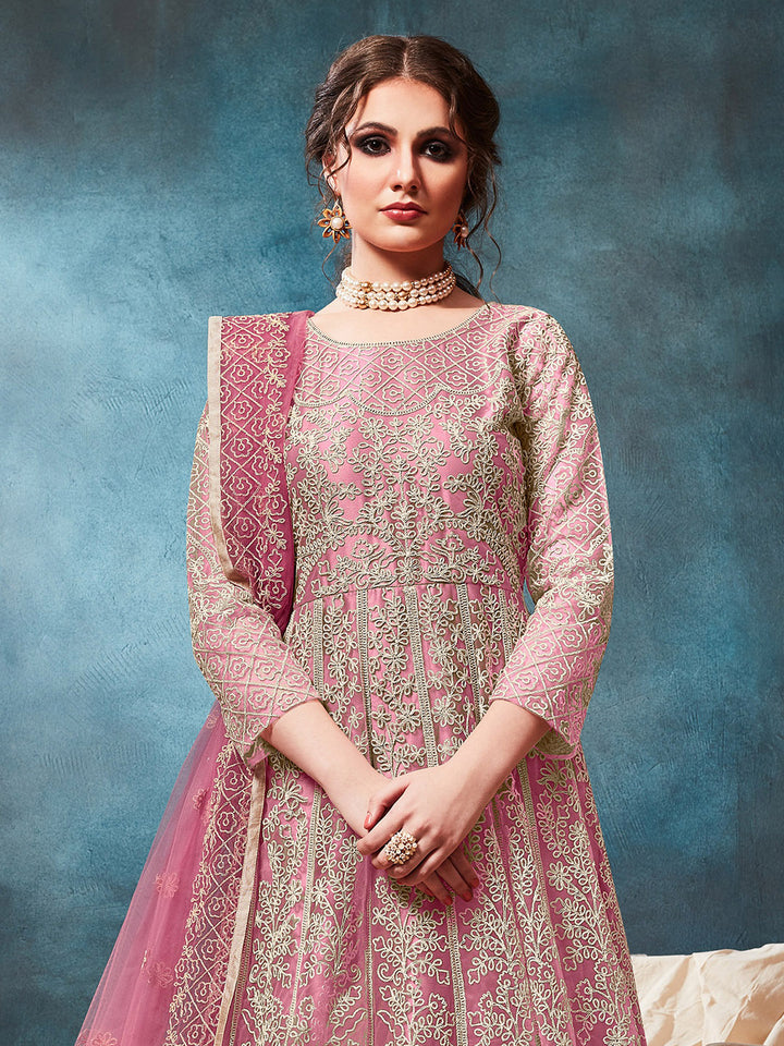 Pink Embroidered Net Semi Stitched Kurta With Chudidar Salwar &amp; Dupatta