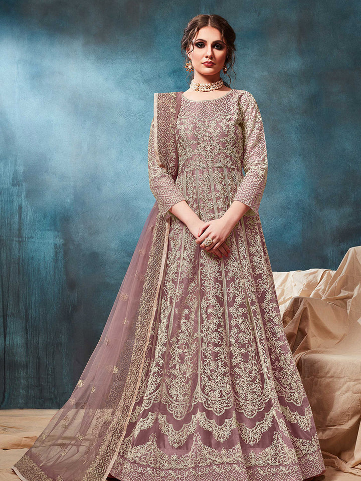 Mauve Embroidered Net Semi Stitched Kurta With Chudidar Salwar &amp; Dupatta