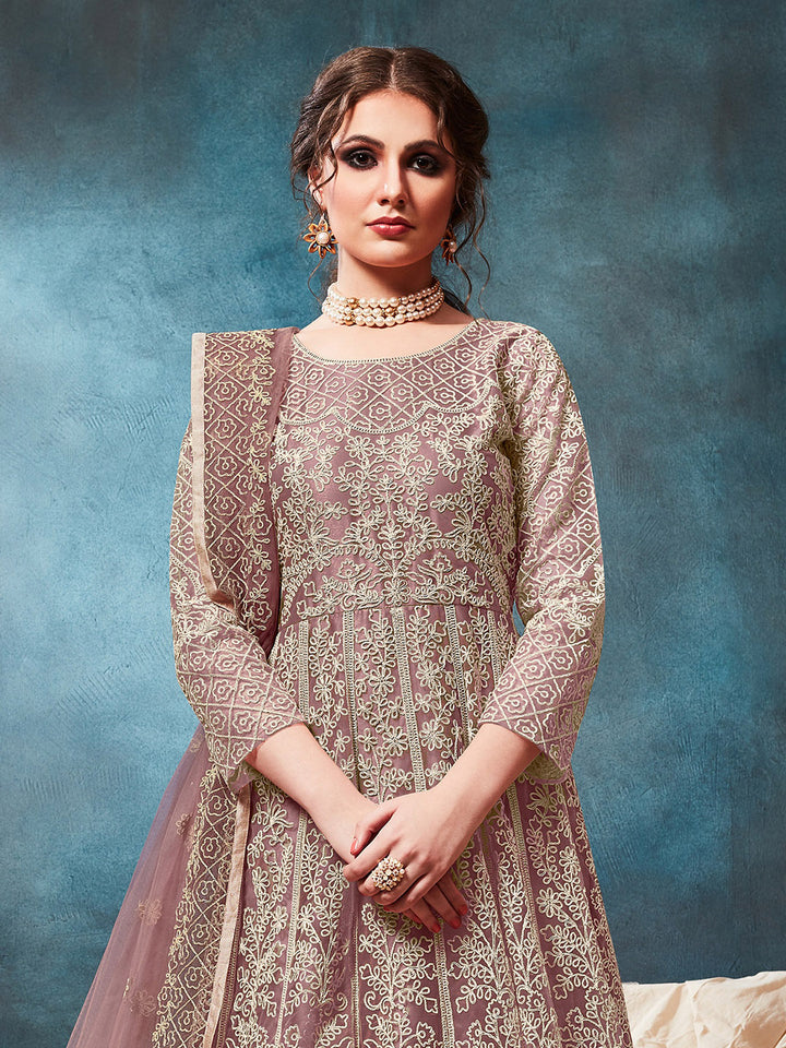 Mauve Embroidered Net Semi Stitched Kurta With Chudidar Salwar &amp; Dupatta