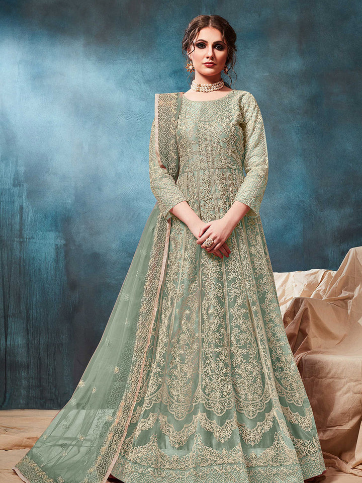 Green Embroidered Net Semi Stitched Kurta With Chudidar Salwar &amp; Dupatta