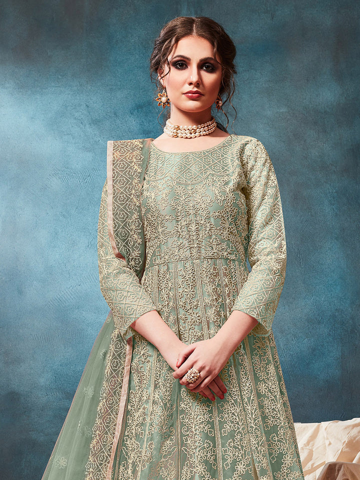 Green Embroidered Net Semi Stitched Kurta With Chudidar Salwar &amp; Dupatta