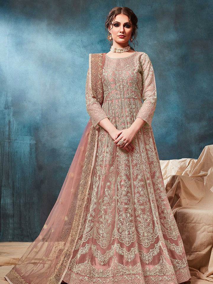 Rose Pink Embroidered Net Semi Stitched Kurta With Chudidar Salwar &amp; Dupatta