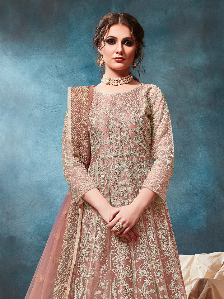 Rose Pink Embroidered Net Semi Stitched Kurta With Chudidar Salwar &amp; Dupatta