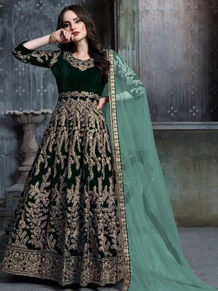 Green Embroidered Velvet Semi Stitched Kurta With Chudidar Salwar &amp; Dupatta