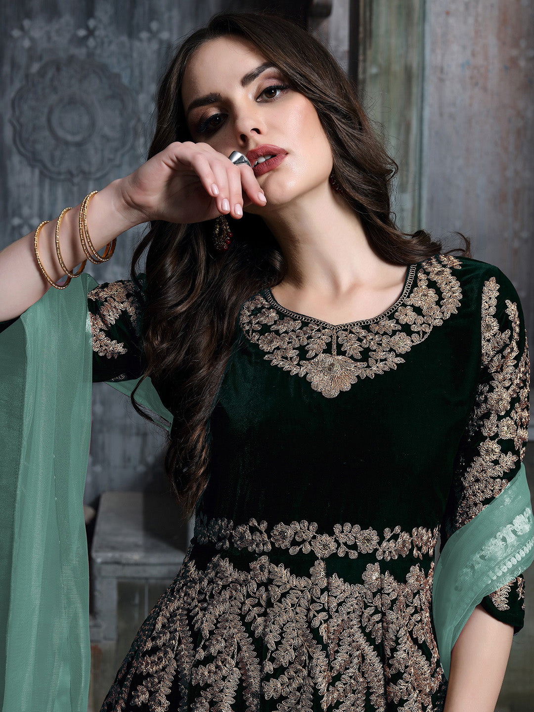 Green Embroidered Velvet Semi Stitched Kurta With Chudidar Salwar &amp; Dupatta