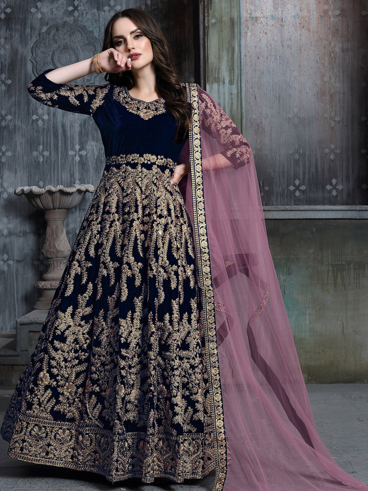 Blue Embroidered Velvet Semi Stitched Kurta With Chudidar Salwar &amp; Dupatta