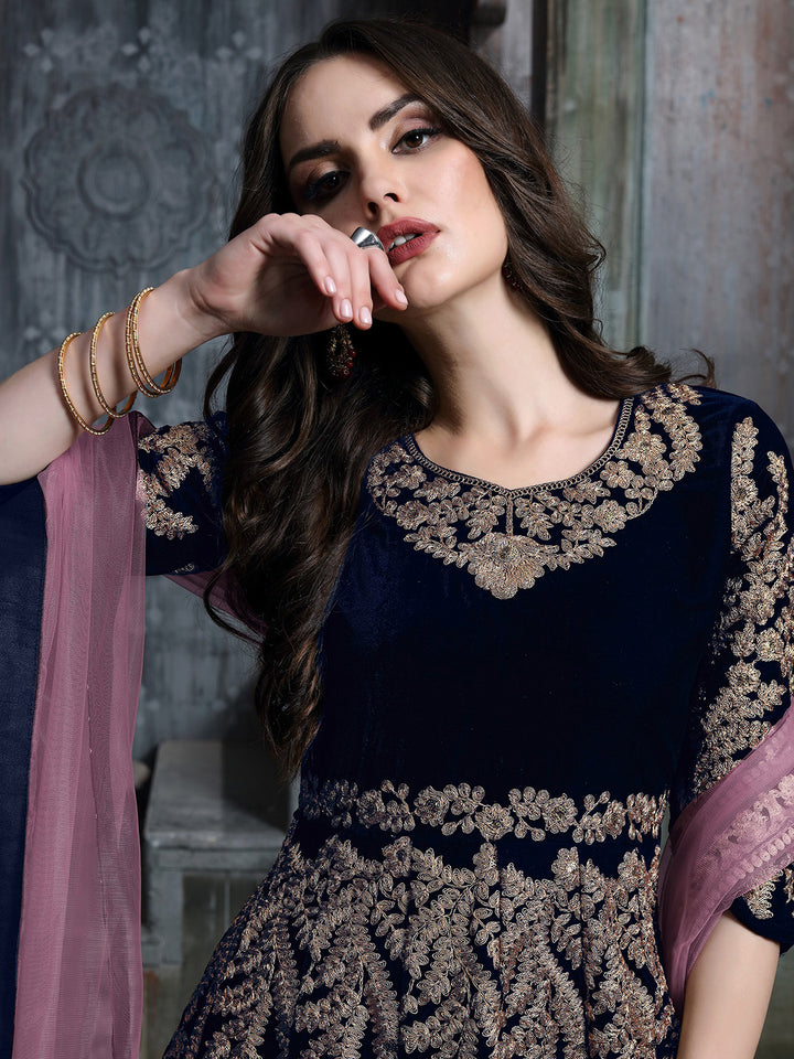 Blue Embroidered Velvet Semi Stitched Kurta With Chudidar Salwar &amp; Dupatta