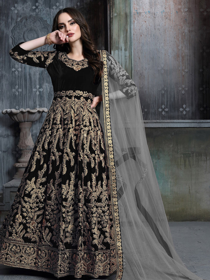Black Embroidered Velvet Semi Stitched Kurta With Chudidar Salwar &amp; Dupatta