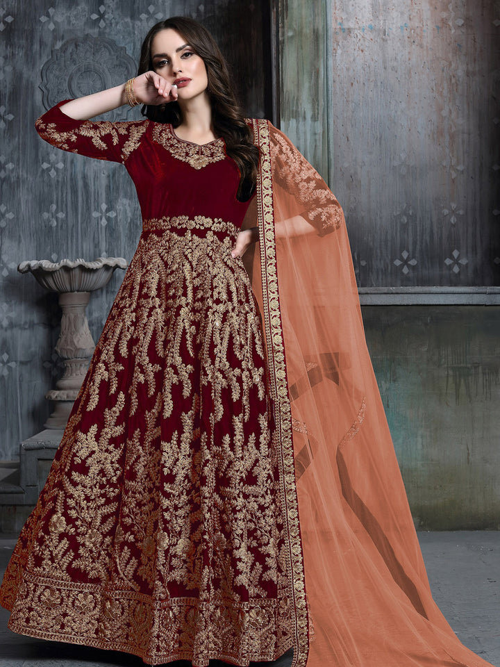 Maroon Embroidered Velvet Semi Stitched Kurta With Chudidar Salwar &amp; Dupatta