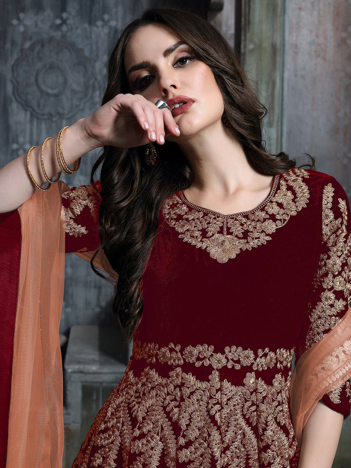 Maroon Embroidered Velvet Semi Stitched Kurta With Chudidar Salwar &amp; Dupatta