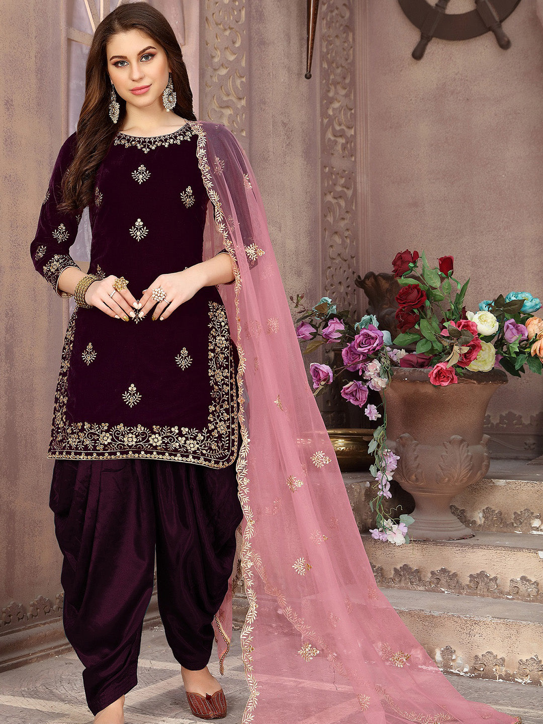Wine Embroidered Velvet Semi Stitched Kurta With Patiala Salwar &amp; Dupatta