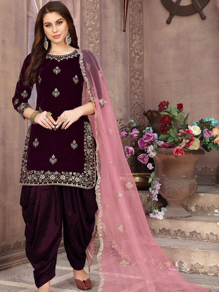 Wine Embroidered Velvet Semi Stitched Kurta With Patiala Salwar &amp; Dupatta