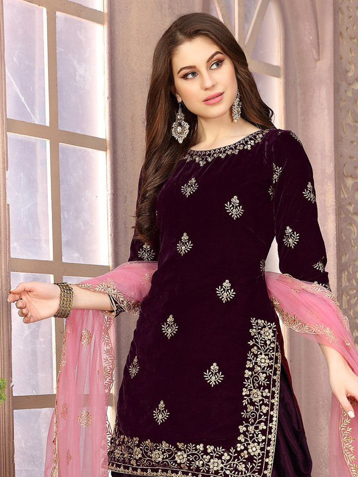 Wine Embroidered Velvet Semi Stitched Kurta With Patiala Salwar &amp; Dupatta