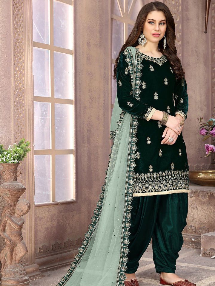 Bottle Green Embroidered Velvet Semi Stitched Kurta With Patiala Salwar &amp; Dupatta