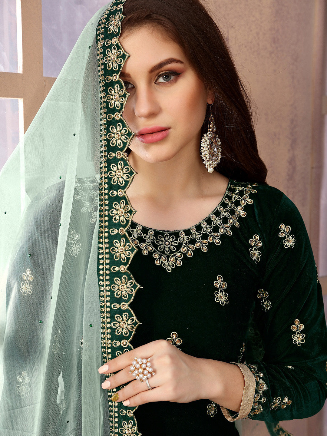 Bottle Green Embroidered Velvet Semi Stitched Kurta With Patiala Salwar &amp; Dupatta
