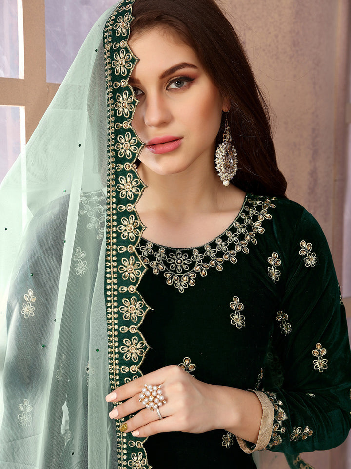 Bottle Green Embroidered Velvet Semi Stitched Kurta With Patiala Salwar &amp; Dupatta