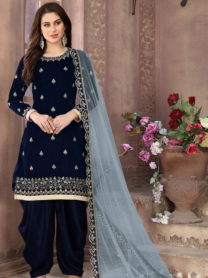 Navy Blue Embroidered Velvet Semi Stitched Kurta With Patiala Salwar &amp; Dupatta