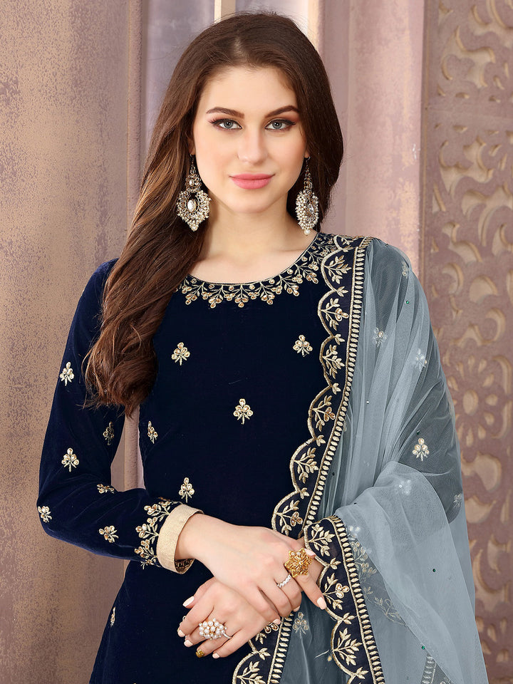 Navy Blue Embroidered Velvet Semi Stitched Kurta With Patiala Salwar &amp; Dupatta