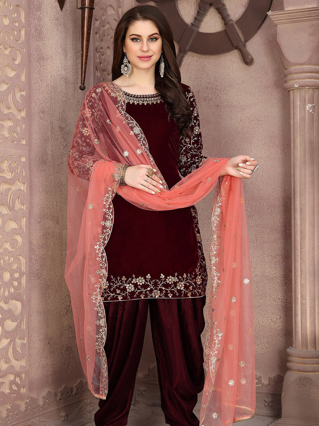 Maroon Embroidered Velvet Semi Stitched Kurta With Patiala Salwar &amp; Dupatta