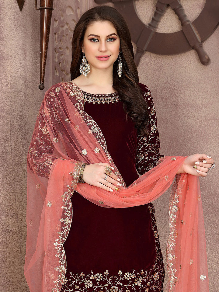 Maroon Embroidered Velvet Semi Stitched Kurta With Patiala Salwar &amp; Dupatta