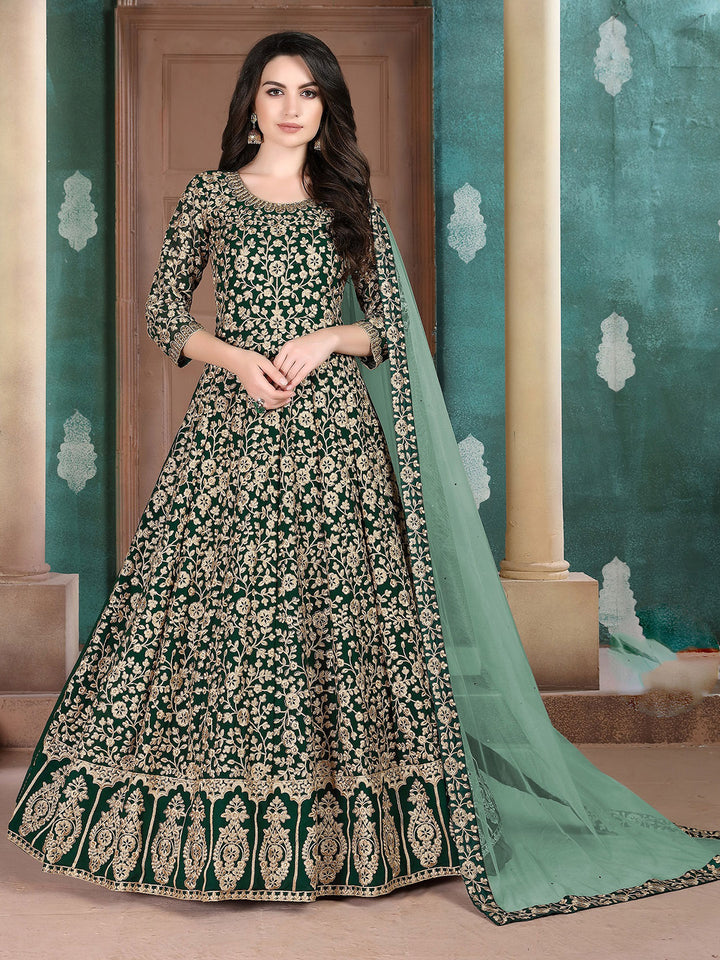 Green Embroidered Georgette Semi Stitched Kurta With Chudidar Salwar &amp; Dupatta