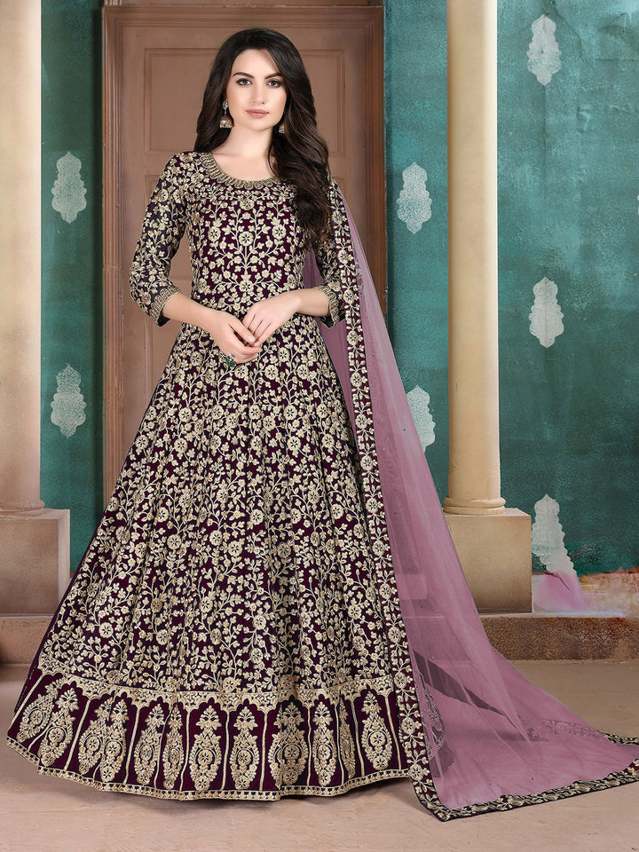 Purple Embroidered Georgette Semi Stitched Kurta With Chudidar Salwar &amp; Dupatta