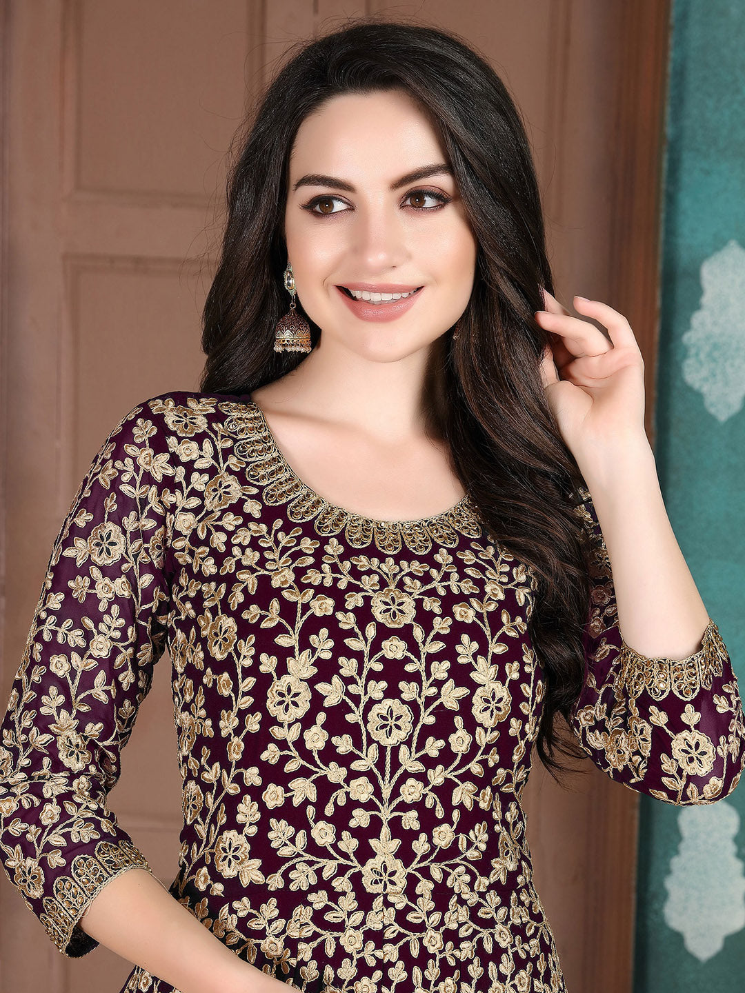 Purple Embroidered Georgette Semi Stitched Kurta With Chudidar Salwar &amp; Dupatta