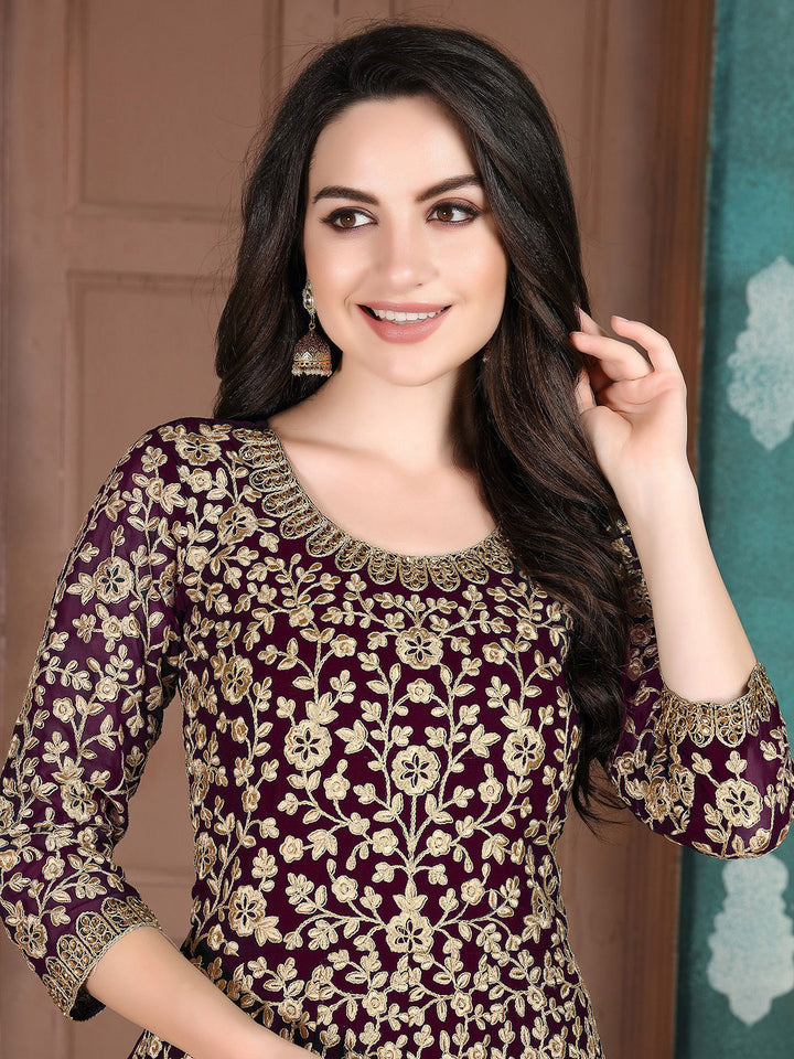 Purple Embroidered Georgette Semi Stitched Kurta With Chudidar Salwar &amp; Dupatta