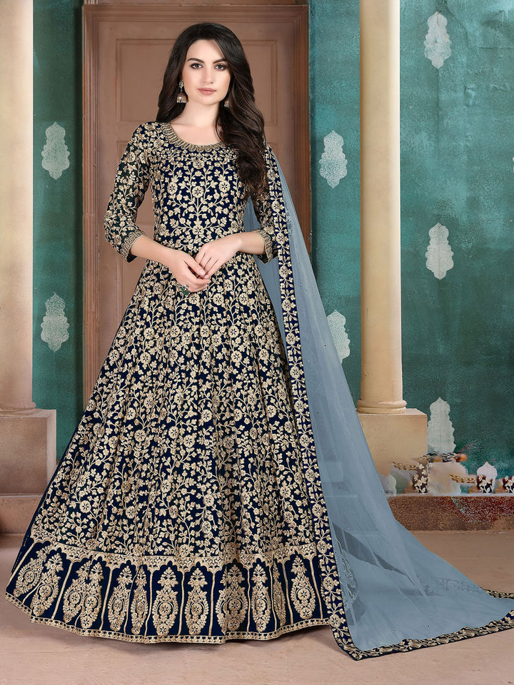 Blue Embroidered Georgette Semi Stitched Kurta With Chudidar Salwar &amp; Dupatta