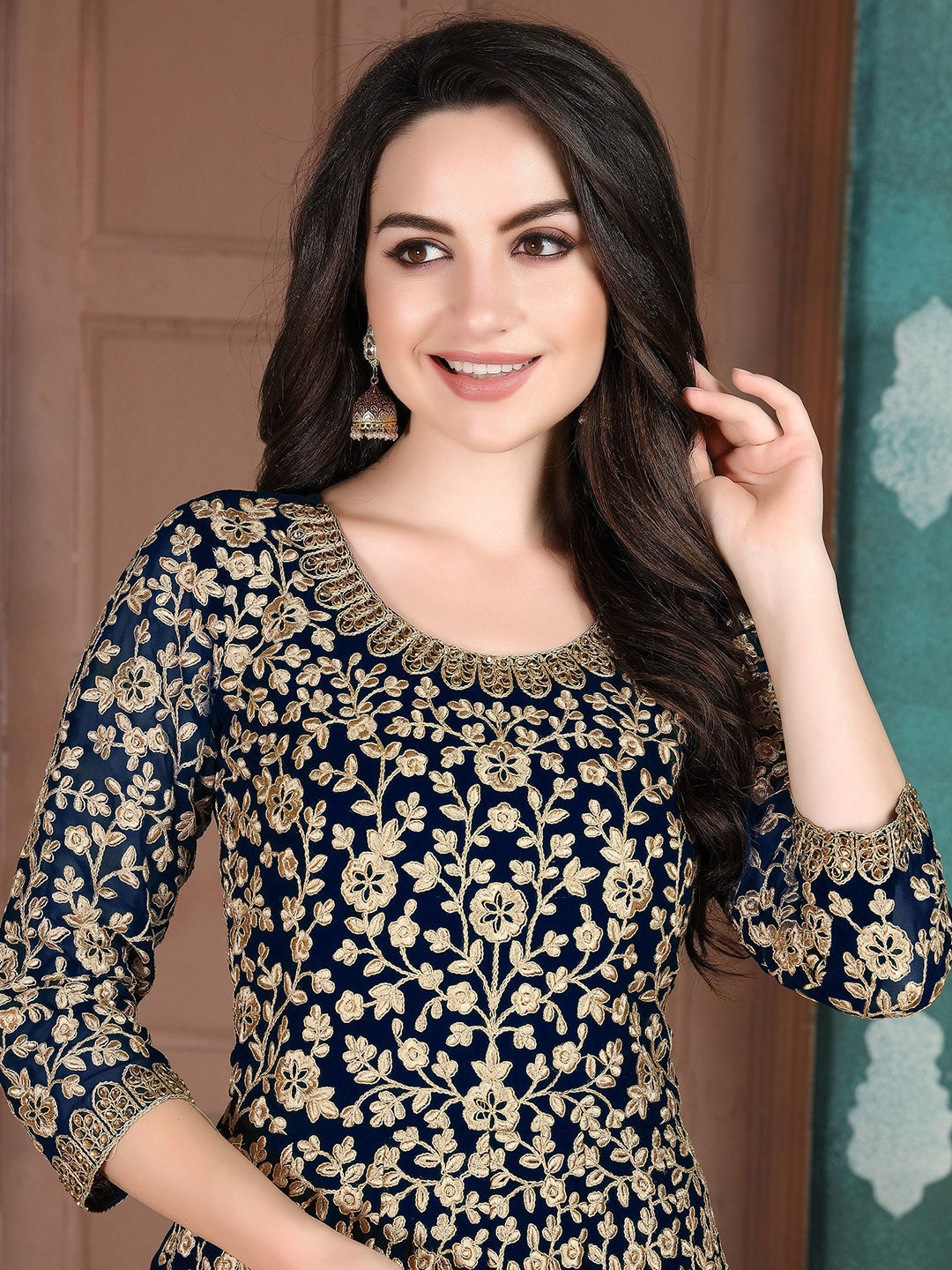 Blue Embroidered Georgette Semi Stitched Kurta With Chudidar Salwar &amp; Dupatta