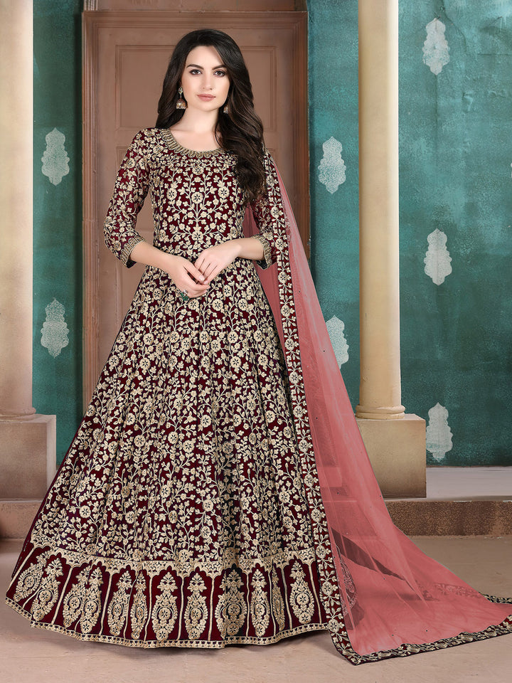 Maroon Embroidered Georgette Semi Stitched Kurta With Chudidar Salwar &amp; Dupatta