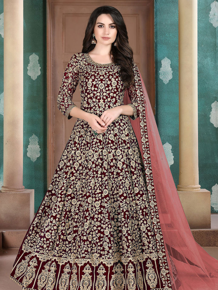 Maroon Embroidered Georgette Semi Stitched Kurta With Chudidar Salwar &amp; Dupatta