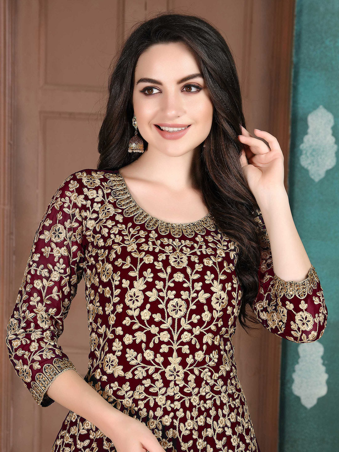 Maroon Embroidered Georgette Semi Stitched Kurta With Chudidar Salwar &amp; Dupatta