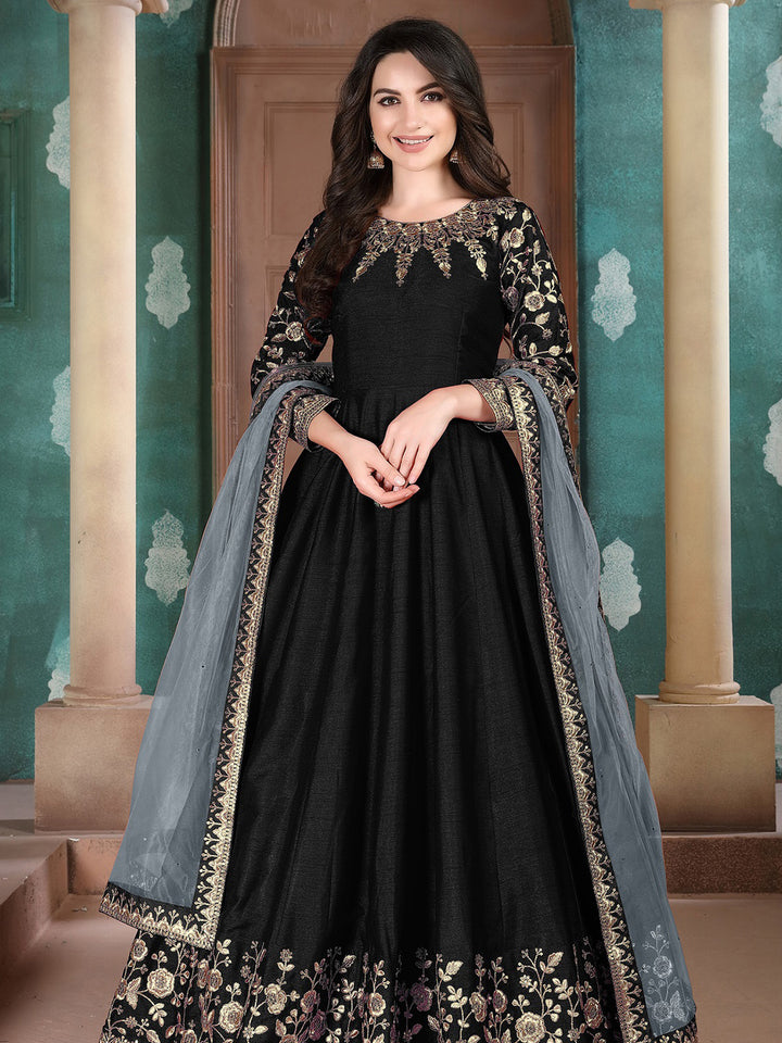 Black Embroidered Art Silk Semi Stitched Kurta With Chudidar Salwar &amp; Dupatta
