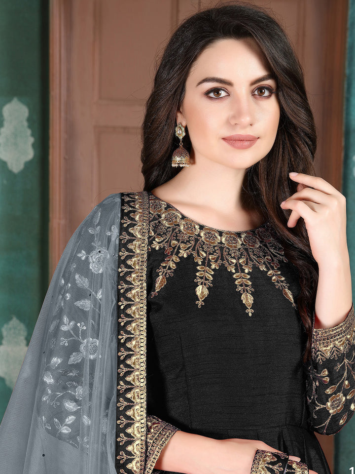 Black Embroidered Art Silk Semi Stitched Kurta With Chudidar Salwar &amp; Dupatta