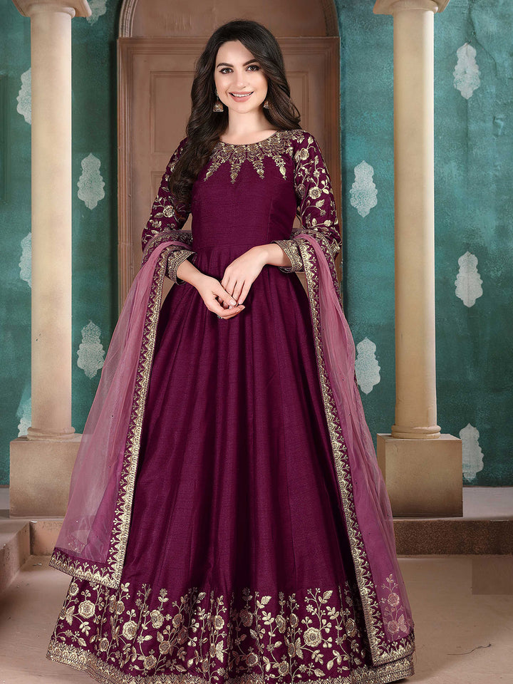 Purple Embroidered Art Silk Semi Stitched Kurta With Chudidar Salwar &amp; Dupatta