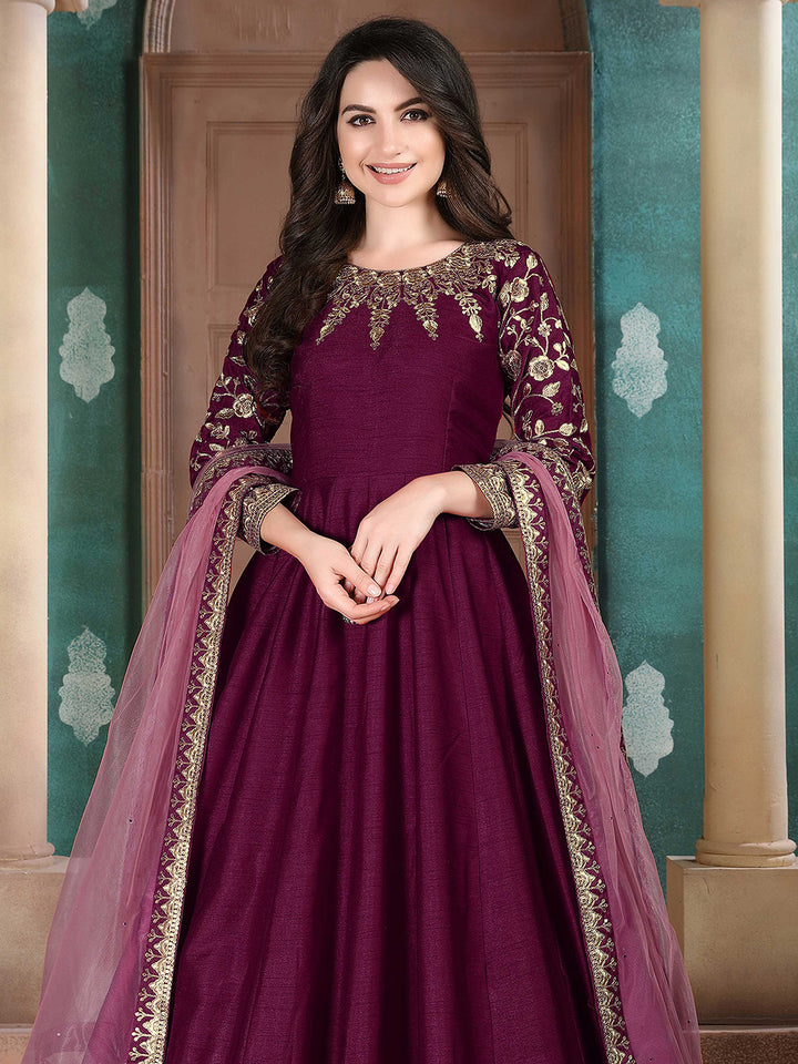 Purple Embroidered Art Silk Semi Stitched Kurta With Chudidar Salwar &amp; Dupatta