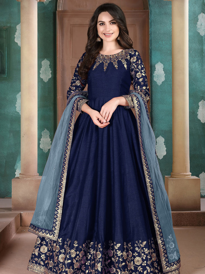 Blue Embroidered Art Silk Semi Stitched Kurta With Chudidar Salwar &amp; Dupatta