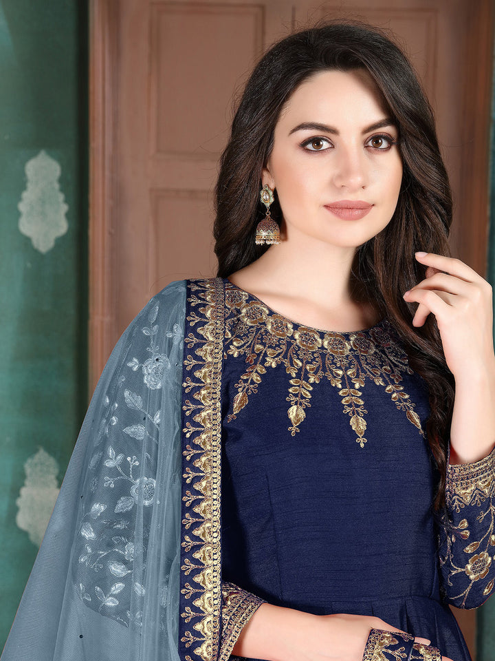 Blue Embroidered Art Silk Semi Stitched Kurta With Chudidar Salwar &amp; Dupatta