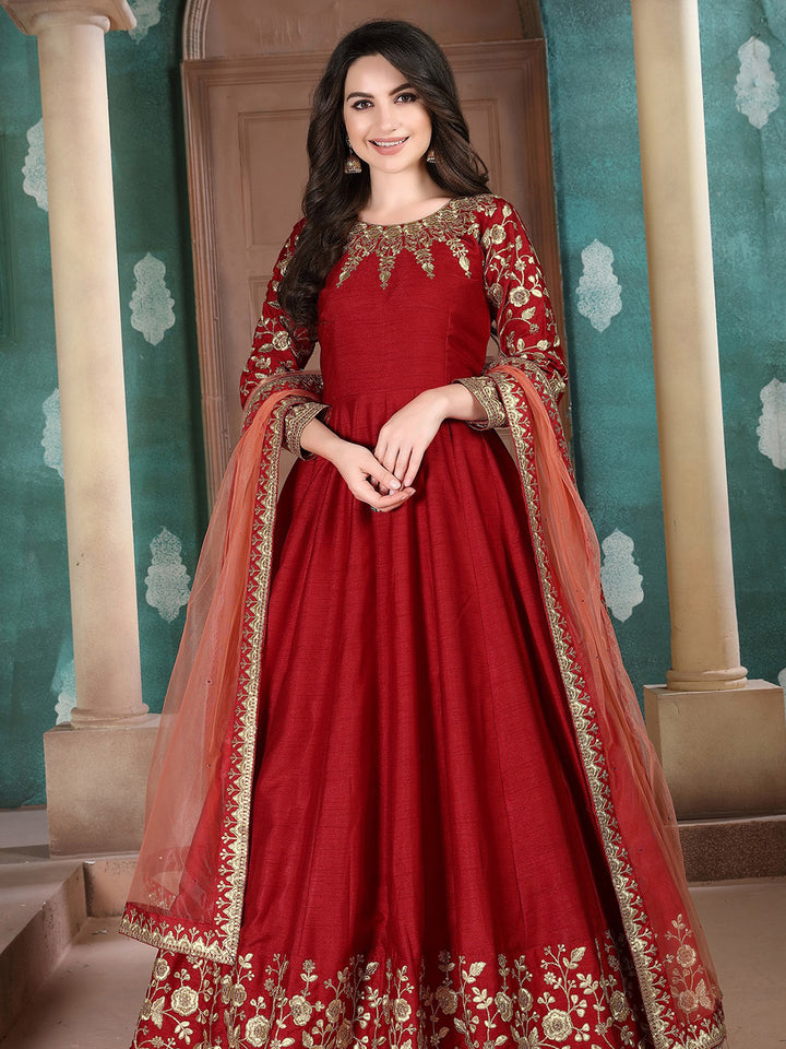 Red Embroidered Art Silk Semi Stitched Kurta With Chudidar Salwar &amp; Dupatta