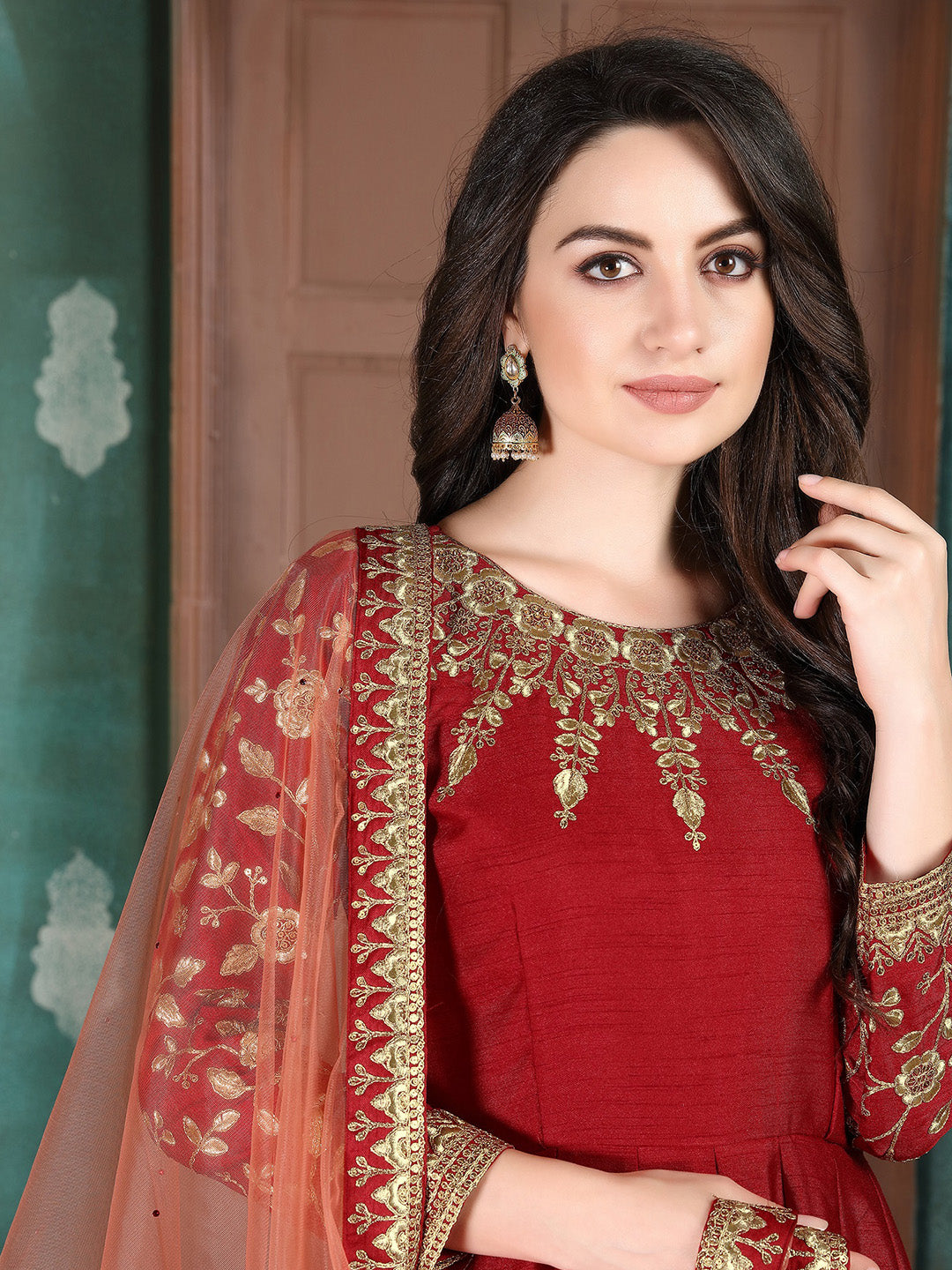 Red Embroidered Art Silk Semi Stitched Kurta With Chudidar Salwar &amp; Dupatta