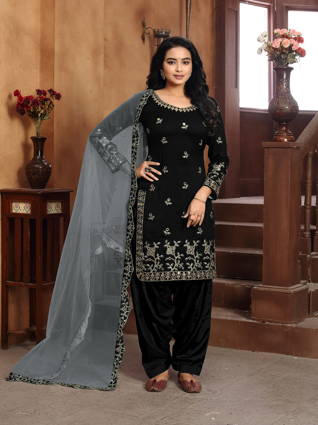 Black Embroidered Art Silk Semi Stitched Kurta With Patiala Salwar &amp; Dupatta