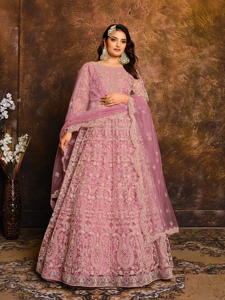 Pink Embroidered Net Semi Stitched Kurta With Chudidar Salwar &amp; Dupatta