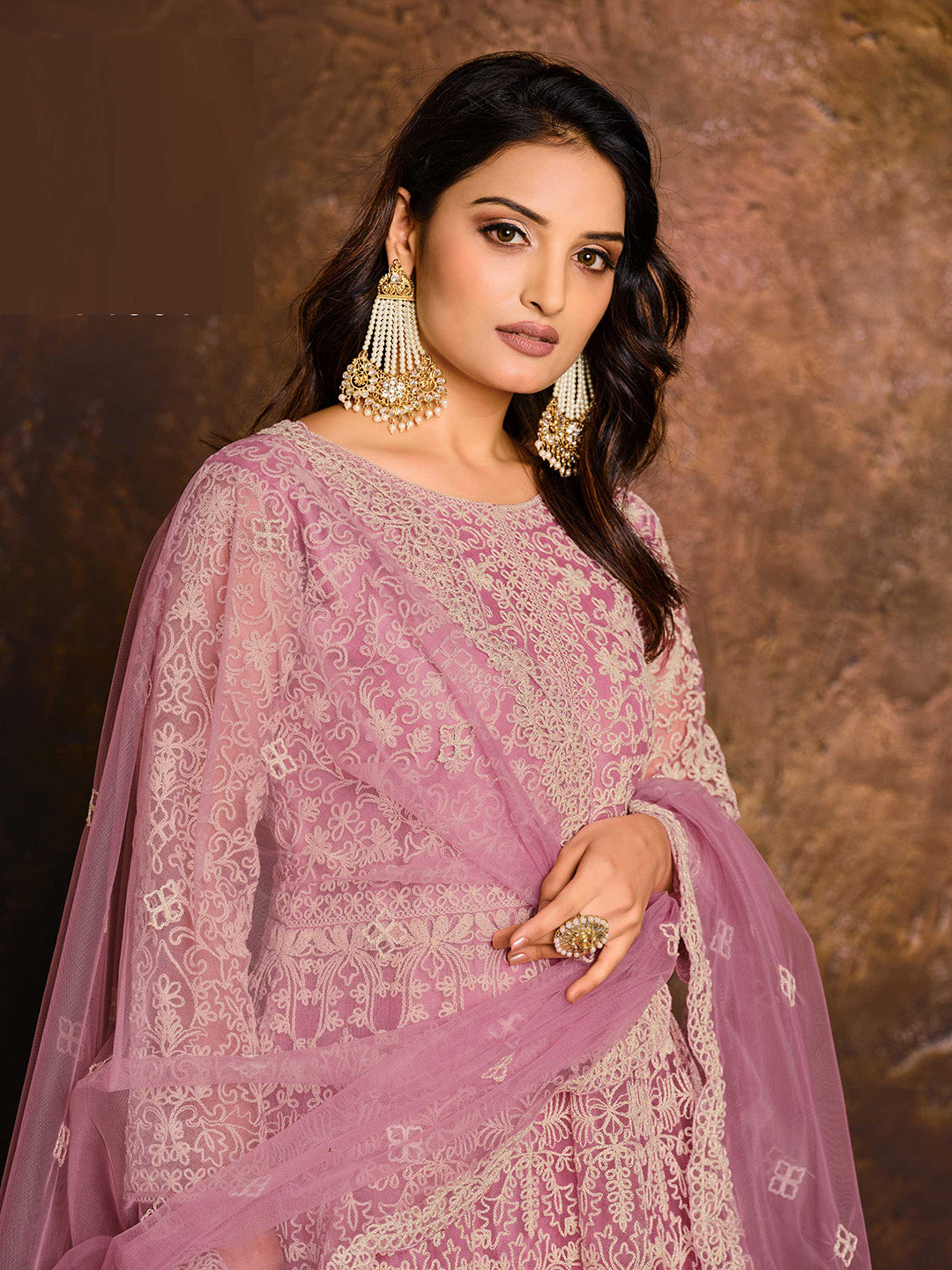 Pink Embroidered Net Semi Stitched Kurta With Chudidar Salwar &amp; Dupatta