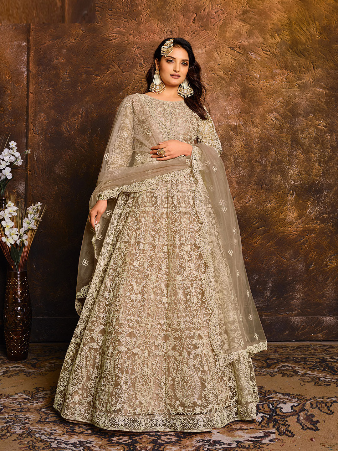 Beige Embroidered Net Semi Stitched Kurta With Chudidar Salwar &amp; Dupatta