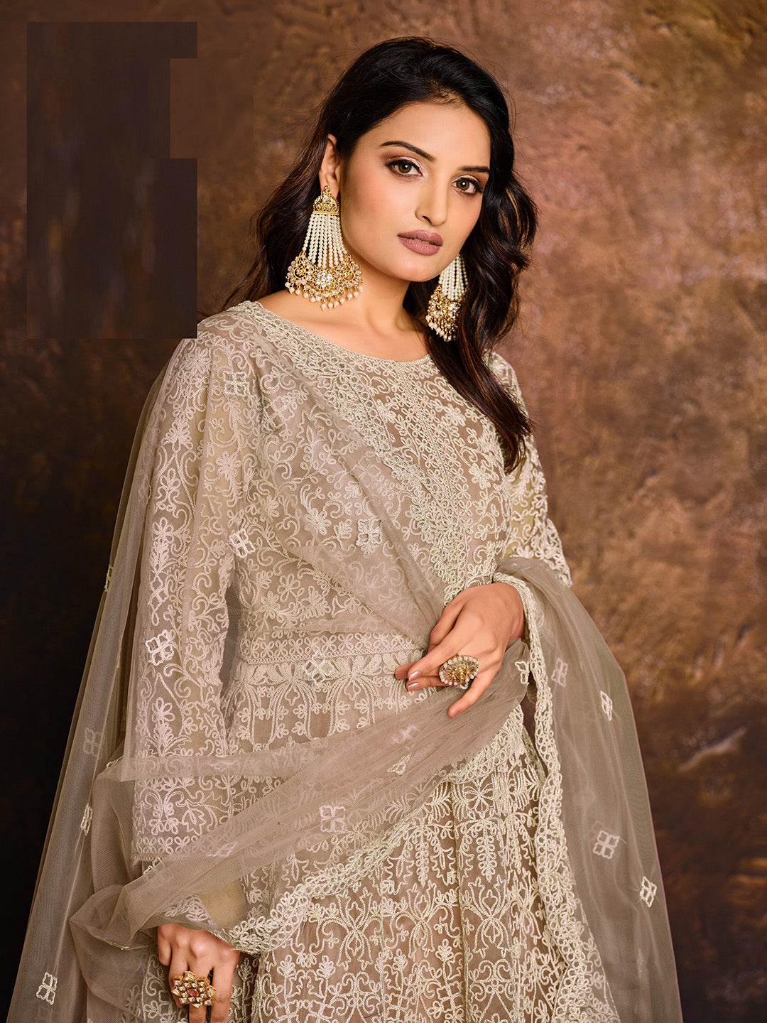 Beige Embroidered Net Semi Stitched Kurta With Chudidar Salwar &amp; Dupatta