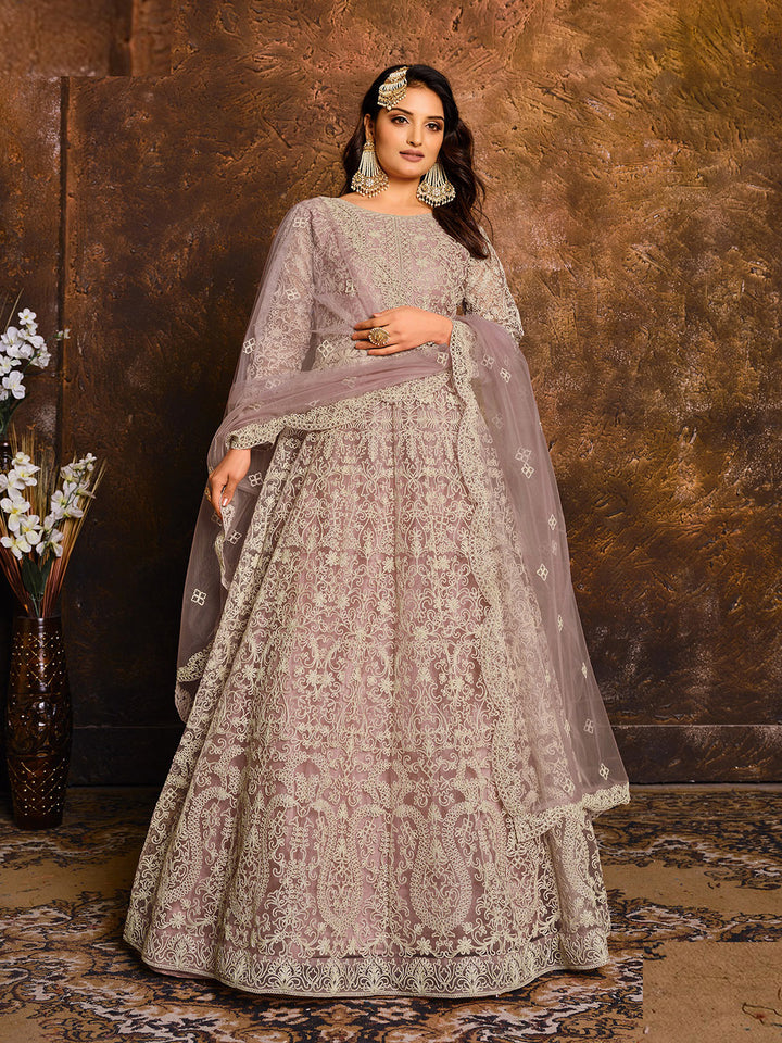 Lilac Embroidered Net Semi Stitched Kurta With Chudidar Salwar &amp; Dupatta